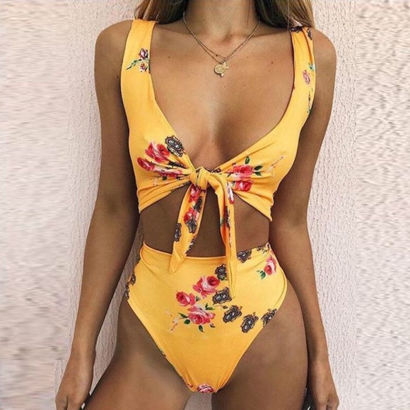 Other - Yellow high waist tie front bikini
